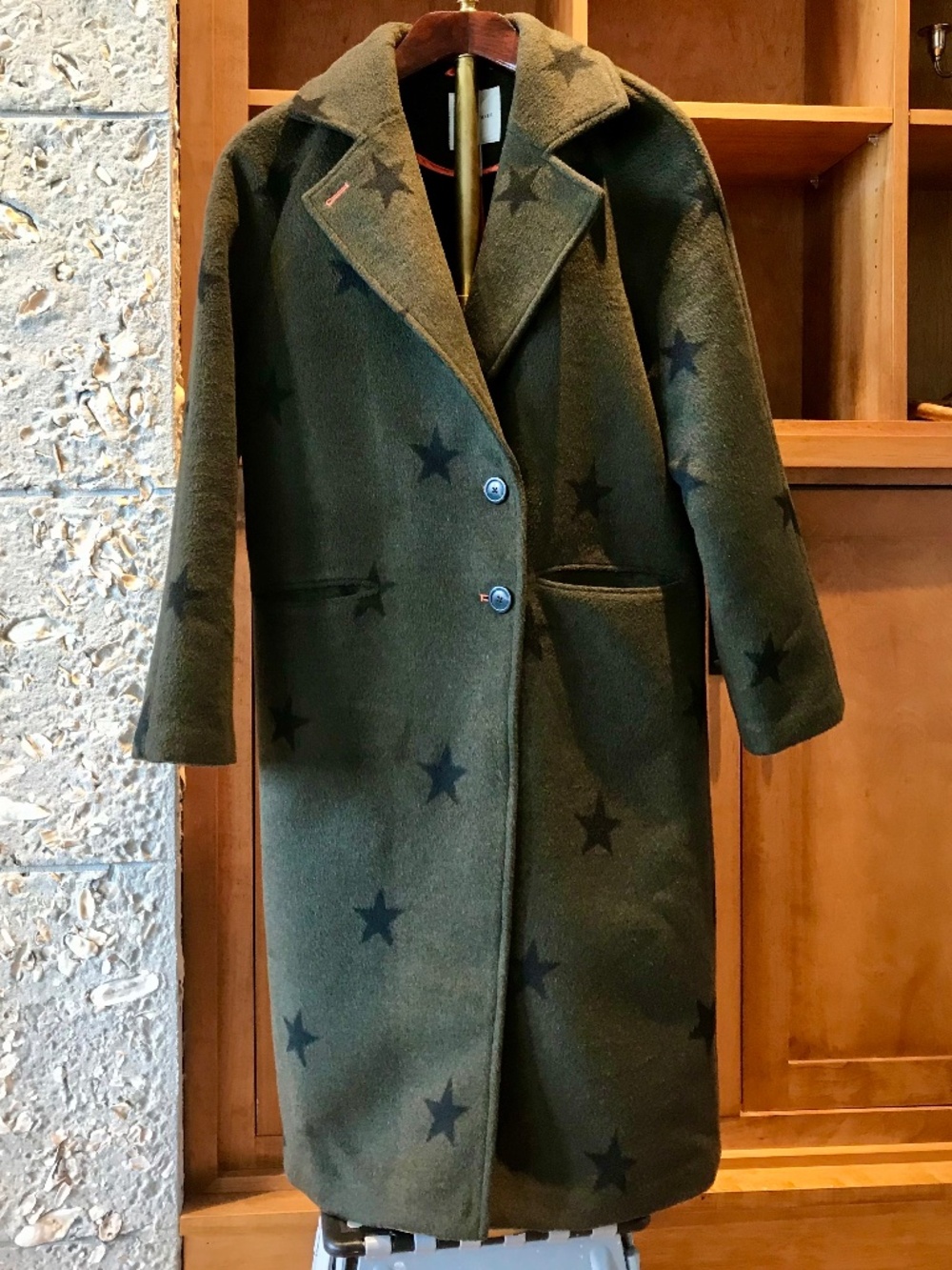 AVEC LES FILLES ESTRELLAS LONG STAR PRINT DOUBLE FACE TRENCH WOOL GREEN COAT - Picture 5 of 16